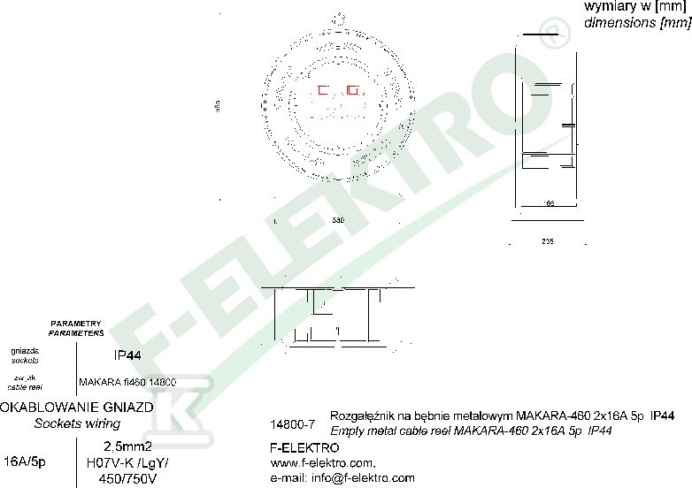 Rozgałęźnik bębnowy, MAKARA-460 16A 5p, - 14800-8